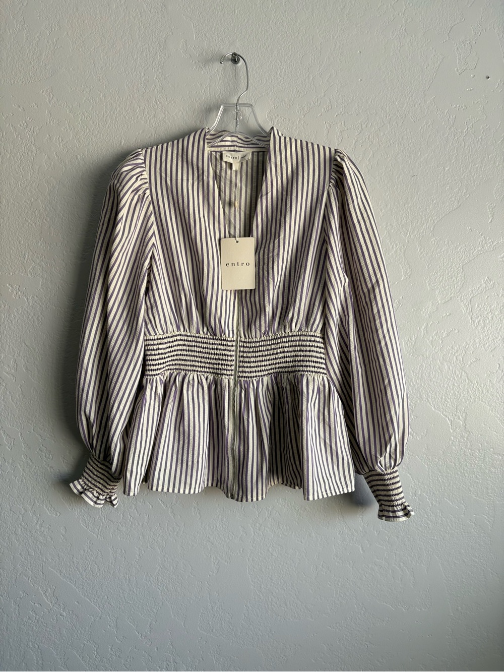 ❤️NEW entro White & Purple Vertical Stripe Smocked Peplum Blouse